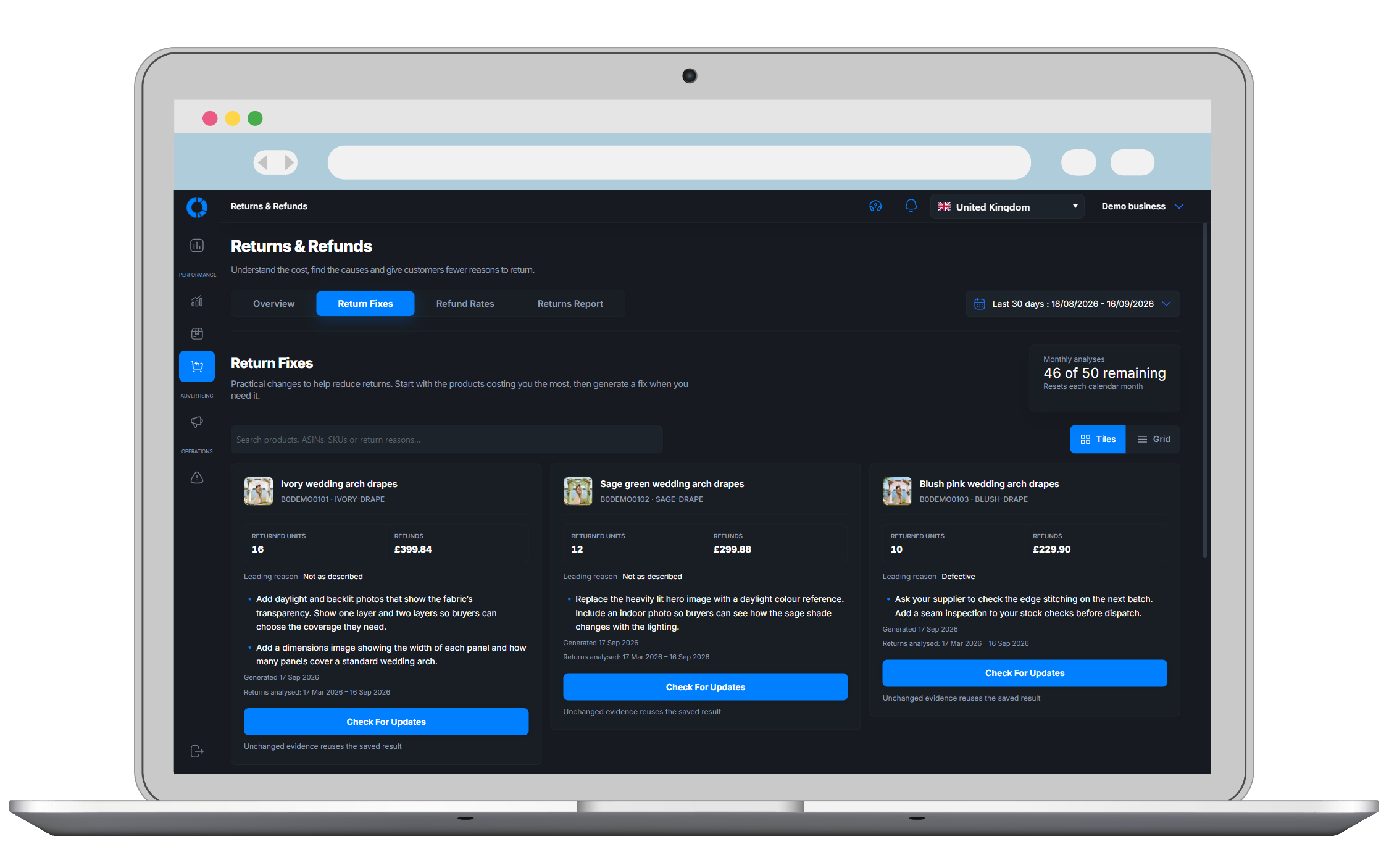 Osellpa Return Fixes showing focused product and listing changes on a laptop